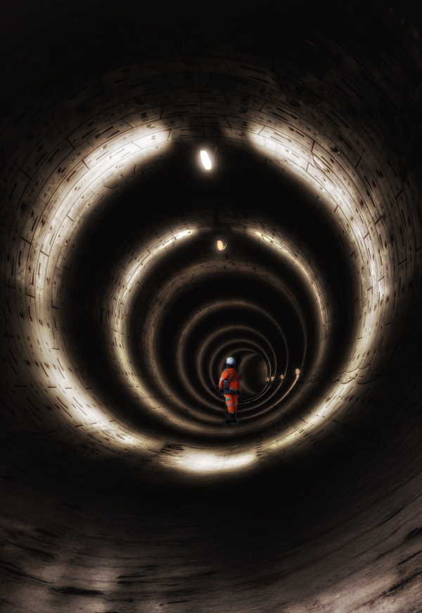 London Construction photography...lone construction worker in tunnel